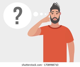 Bearded man touching his temples and remembering something. Hipster holding finger on head and feeling tired exhausted, chronic work stress. Vector illustration in cartoon style.