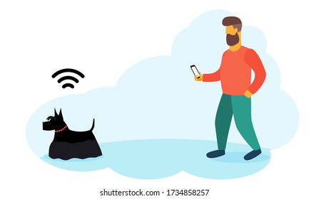 Bearded man is tracking his dog location and health by smartphone outside. Flat vector design template