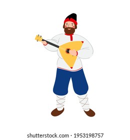 A bearded man in a traditional Russian folk costume, holding a balalaika. The concept of celebrating Maslenitsa. Vector stock hand drawn illustration isolated on a white background