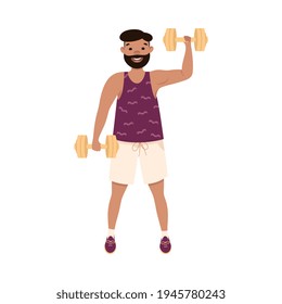 Hombre con barba en la parte superior del entrenamiento y pantalones cortos en el gimnasio Levantando timbre haciendo ejercicio físico y entrenamiento vectorial Ilustración