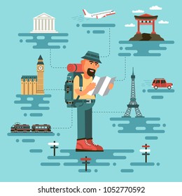 Bearded man in travel clothing, holds a map, surrounded by world monuments. Cartoon tourist in a flat style. On background plane, train and car.