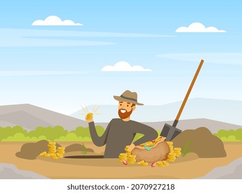 Bearded Man Treasure Hunter Finding Sack with Precious Jewel Vector Illustration