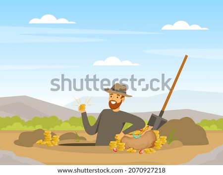 Bearded Man Treasure Hunter Finding Sack with Precious Jewel Vector Illustration
