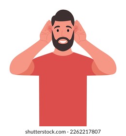 Bearded man trying to hear something seriously. The guy is raising his hands to his ears. Vector illustration.