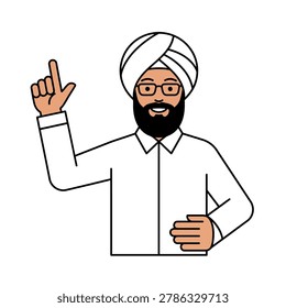 Bearded man in a turban and glasses points upward with a welcoming smile, shown in a clean vector illustration. Ideal for business, education, cultural projects, presentations, and avatars.