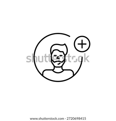 Bearded man user avatar and plus. Profile add, account update. New identity create, user setup, digital presence. Pixel perfect, editable stroke vector icon