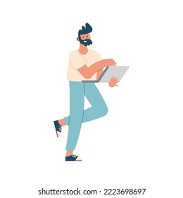bearded man using laptop character