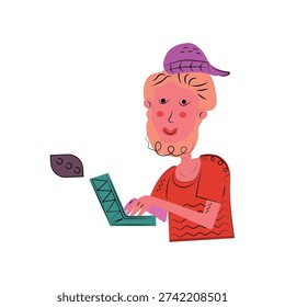Bearded Man Using Laptop Modern Work from Home Flat Vector Illustration