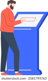 Bearded man using self service interactive touchscreen information kiosk terminal, accessing information or making payment, modern technology concept