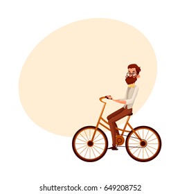 Bearded man in vest and bow tie riding a bicycle, cycling, cartoon vector illustration with space for text. Full length, side view portrait of bearded man, scientist riding a bicycle, cycling