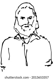 A bearded man with a voluminous hairstyle, a simple linear drawing, portrait