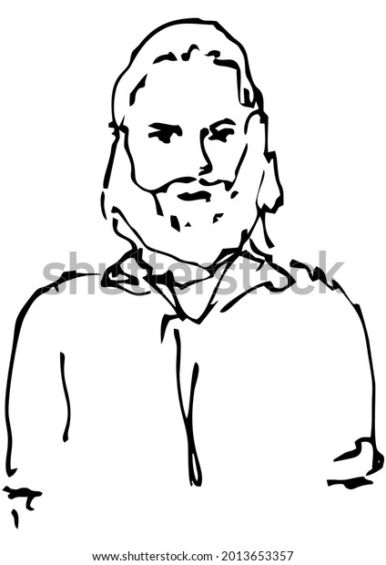Картинка для линейного векторного рисунка Андрея Бондаренко #iThyx: Бородатый мужчина с объемной прической. Простой линейный рисунок, портрет