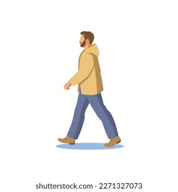 A bearded man walking in the city, isolated figure on white background flat vector illustration