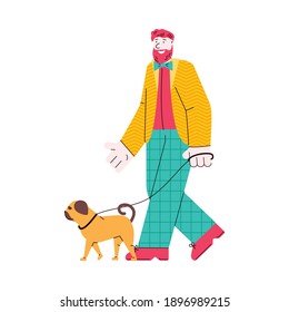 Hombre con barba caminando un perro - personajes de caricatura plana ilustran vectores aislados de fondo blanco. Imagen del propietario de una mascota para el entrenamiento y tratamiento de animales domésticos.