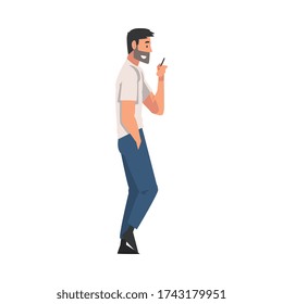 Bearded Man Walking Outside, Guy Looking at His Smartphone, Person Using Digital Gadget for Online Communication Vector Illustration