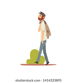 Bearded Man Walking in Park, Guy Relaxing and Enjoying Nature Outdoors Vector Illustration