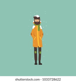 Bearded man in warm clothes freezing and shivering on winter cold vector Illustration