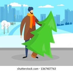 Bearded Man in Warm Hat and Coat Carry Green Christmas Tree on City View Background. Faceless Male Character with Fir-Tree on Urban Cityscape. Christmas Preparation. Cartoon Flat Vector Illustration.