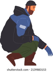 Bearded Man In Warm Jacket Standing And Looking Down. Serious Guy In Winter Clothes Squatting. Person In Jacket, Hat And Gloves Sits In Squat. Male Character Looking For Something In Cold Season