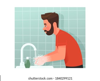 Bearded man washes his hands with soap in the bathroom. Compliance with personal hygiene in the context of an epidemic of coronavirus infection. Vector illustration in cartoon style