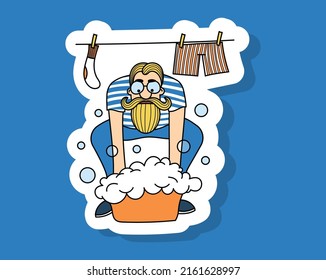 A bearded man is washing clothes. Vector sticker. Bachelor doing homework.	