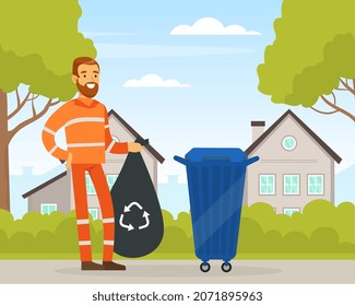 Bearded Man Waste Collector or Garbageman in Orange Uniform Collecting Municipal Solid Waste and Recyclables in Dustbin Vector Illustration