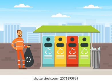 Bearded Man Waste Collector or Garbageman in Orange Uniform Collecting Municipal Solid Waste and Recyclables in Dustbin Vector Illustration