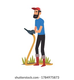 Bearded Man Watering Plants with Garden Hose, Guy Enjoying Gardening, Environmental Protection Vector Illustration