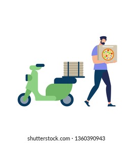 Bearded Man Wearing Blue Shirt Carry Pizza Box in Hands. Delivery Service Order Shipping. Green Scooter Stand Behind Isolated on White Background. Flat Vector Illustration, Cartoon Character, Icon.