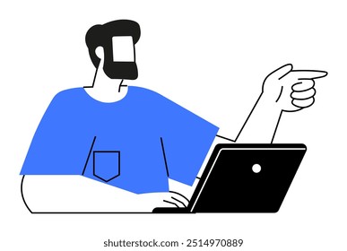 A bearded man wearing a blue shirt sits with a laptop in front of him and points to the right. Ideal for business presentations, tech tutorials, remote work illustrations, digital marketing, and onlin