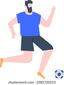 Bearded man wearing a blue t shirt and dark shorts, running energetically while kicking a soccer ball, showcasing a vibrant and dynamic scene of soccer play in a colorful illustration