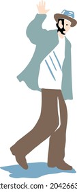 A bearded man wearing a blue-brown hat, raising his right hand to say hi or goodbye, wearing a white T-shirt, green long-sleeved jacket, brown trousers and brown leather shoes, with shadow underneath.