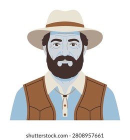 A bearded man wearing a cowboy hat and vest, looking rugged and stylish, perfect for western-themed projects
