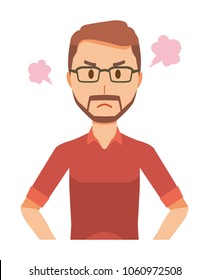 A bearded man wearing eyeglasses is angry