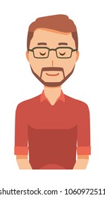 A bearded man wearing eyeglasses is bowing