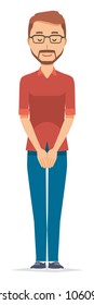 A bearded man wearing eyeglasses is bowing