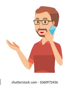 A bearded man wearing eyeglasses is calling by smart phone