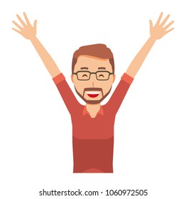 A bearded man wearing eyeglasses is putting up both hands