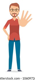A bearded man wearing eyeglasses is stop gesture