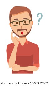 A bearded man wearing eyeglasses is thinking