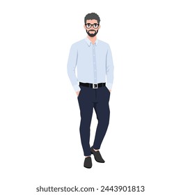 Bearded Man wearing formal shirt standing Pose with both his hands inside pocket. Flat vector illustration isolated on white background