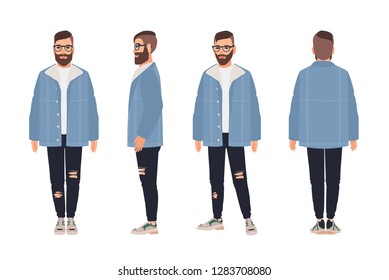 Hombre con barba que lleva gafas, chaqueta y vaqueros. Un tipo hipster vestido con ropa de moda. Caricatura masculina aislada de fondo blanco. Conjunto de estilo urbano. Ilustración vectorial de color plano.