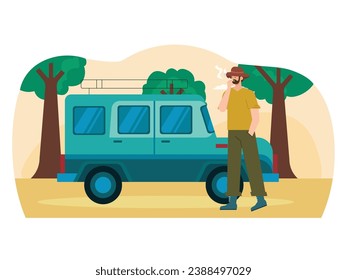 A bearded man wearing a hat is taking a smoke break in his offroad car, hunting for animals. Character design. Vector flat illustration