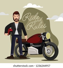 Bearded Man wearing a leather jacket and riding a cafe racer vintage motorcycle while holding a red helmet