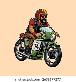A Bearded Man wearing open face crash helmet and sunglasses riding a green retro cafe racer motorcycle, isolated cartoon illustration on a light background
