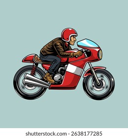 A Bearded Man wearing open face crash helmet riding a red retro cafe racer motorcycle from side view, isolated cartoon illustration on a light background
