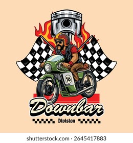 A Bearded Man wearing open face crash helmet and sunglasses riding a green retro cafe racer motorcycle, badge emblem cartoon illustration