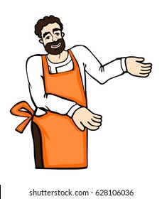 Bearded man wearing orange apron shows open palms. vector illustration isolated on white background