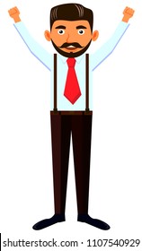 Bearded man wearing red tie with two hands up vector