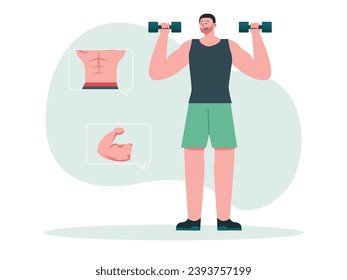 A bearded man wearing a sleeveless T-shirt lifts a small barbell, trying to do fitness to gain muscle. Character design. Vector flat illustration